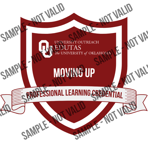 A red and white shield-shaped badge displaying "Moving Up" with a banner stating "Professional Learning Credential." The badge is marked "SAMPLE - NOT VALID."